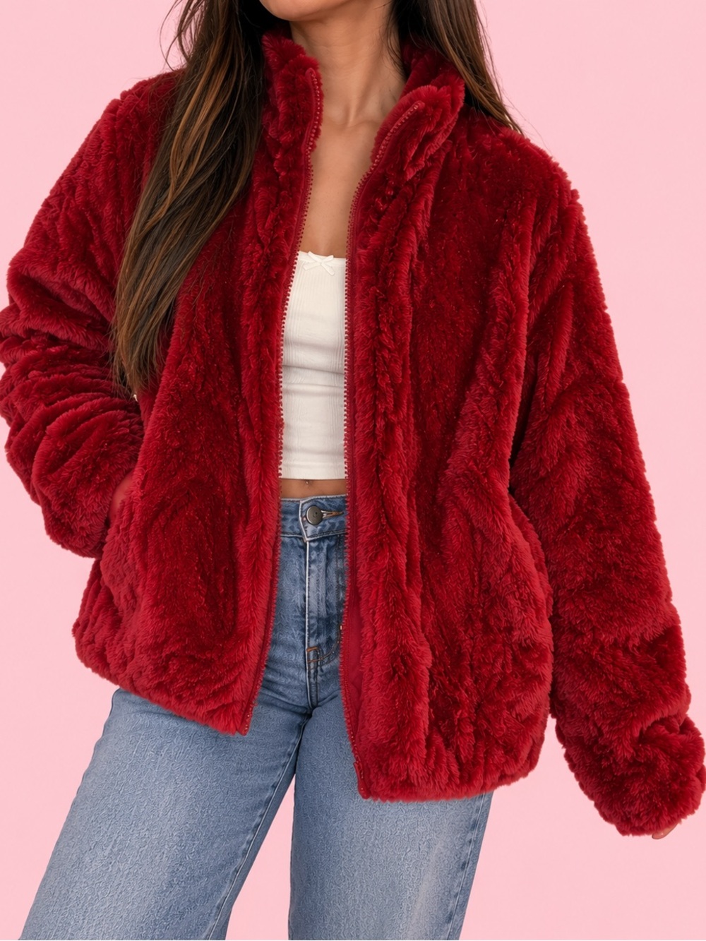 Plush Zip-Up Teddy Jacket in Deep Red